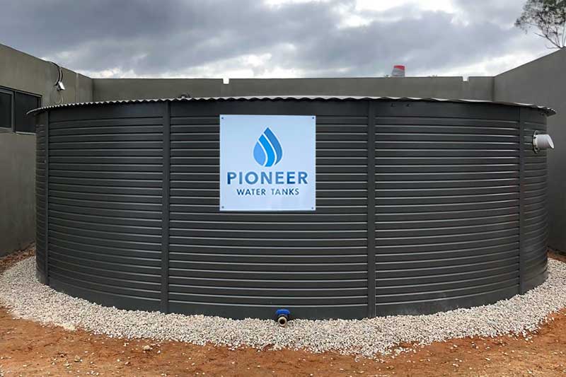 90,000 litre capacity. Pioneer steel water tank. Installed in tight access. Modular construction water tank. Colorbond cold Monument. CFA compliant fittings.